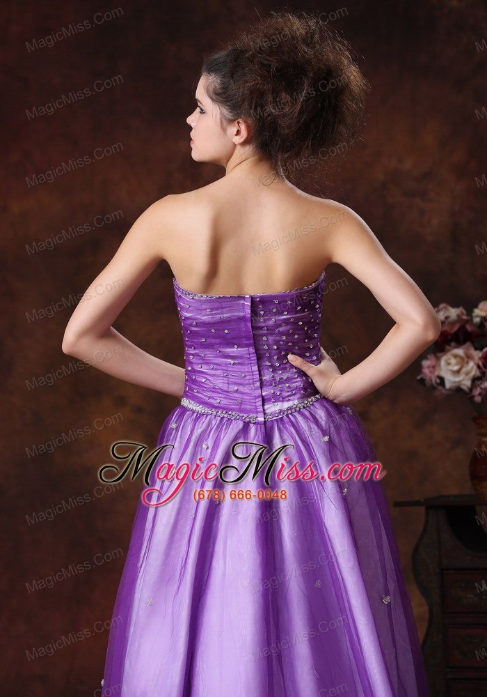 wholesale beaded decorate shoulder tulle strapless lavender prom dress
