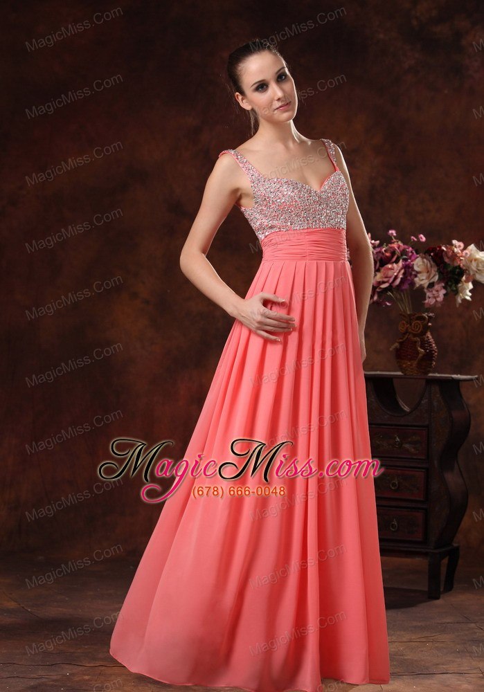 wholesale beaded decorate straps and bust ruch watermelon red chiffon floor-length 2013 prom / evening dress