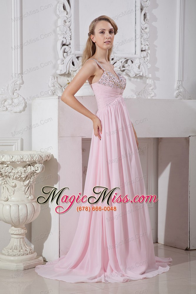 wholesale baby pink empire straps brush train chiffon beading prom dress