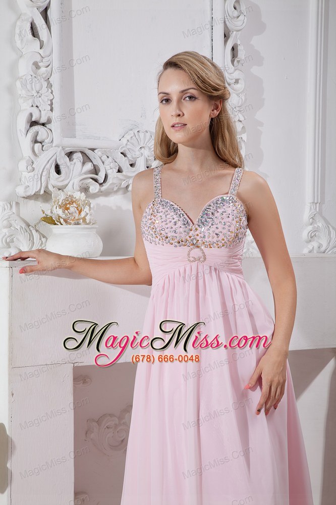 wholesale baby pink empire straps brush train chiffon beading prom dress