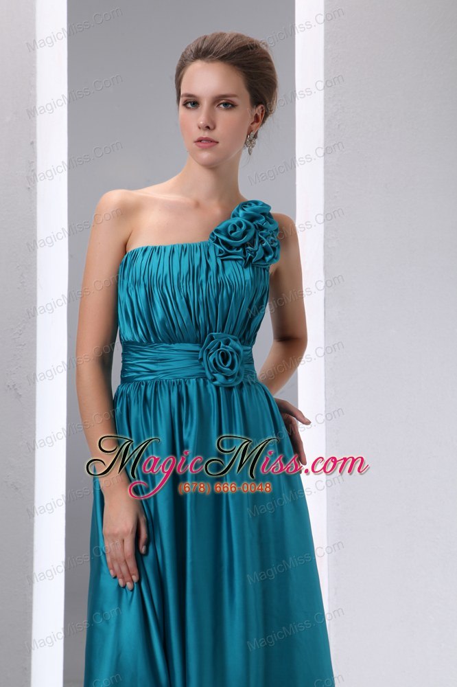 wholesale cheap teal prom dress empire one shoulder hand made flowers and ruch floor-length chiffon and elastic wove satin