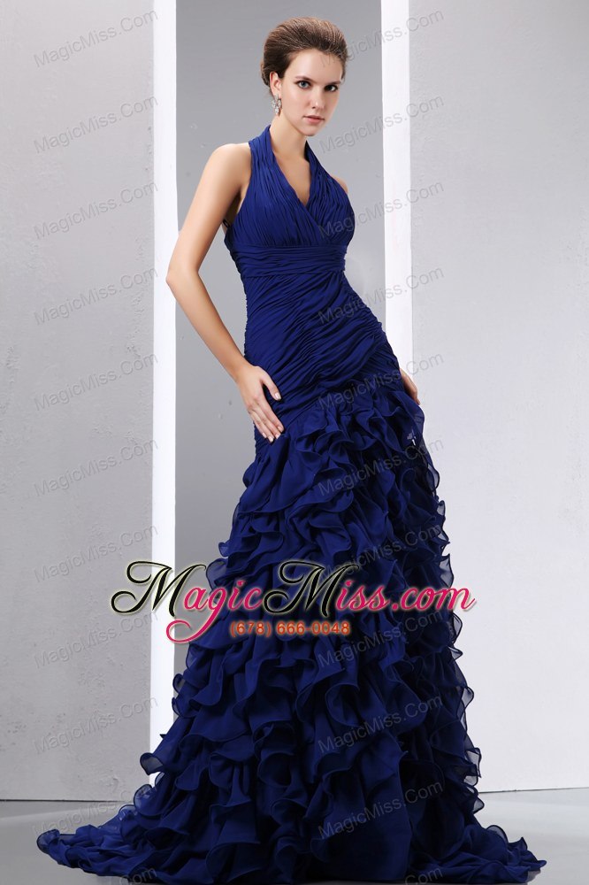 wholesale beautiful navy blue mermaid halter prom dress court train chiffon ruch and ruffles