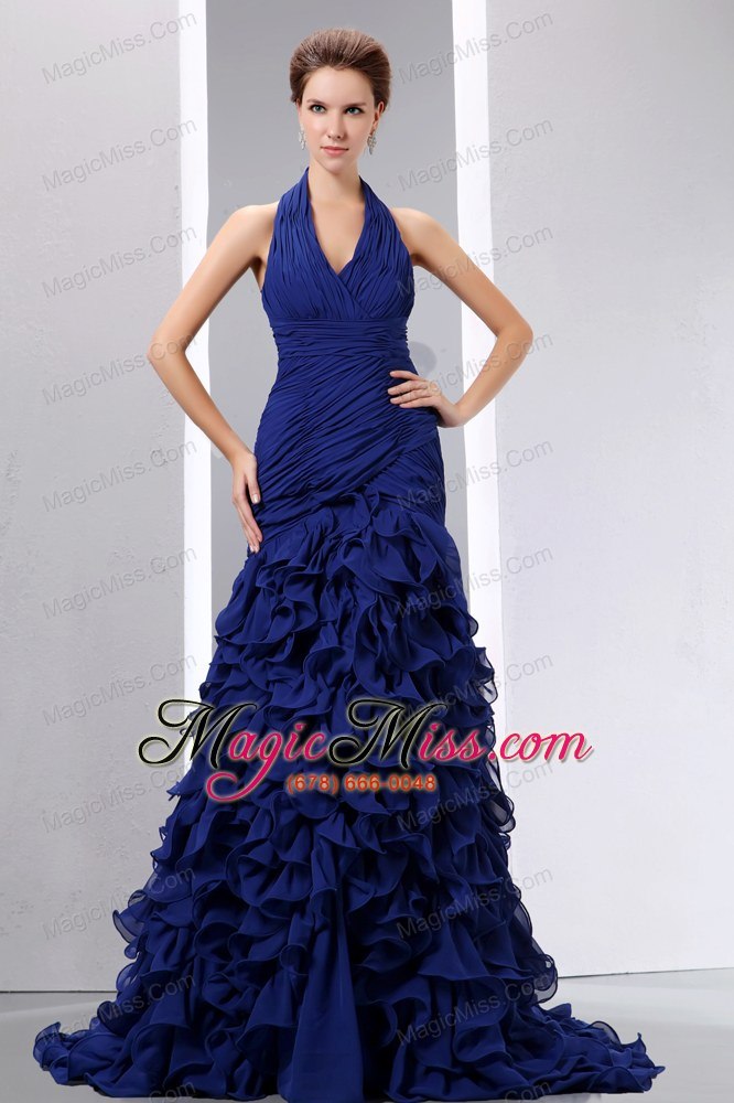 wholesale beautiful navy blue mermaid halter prom dress court train chiffon ruch and ruffles