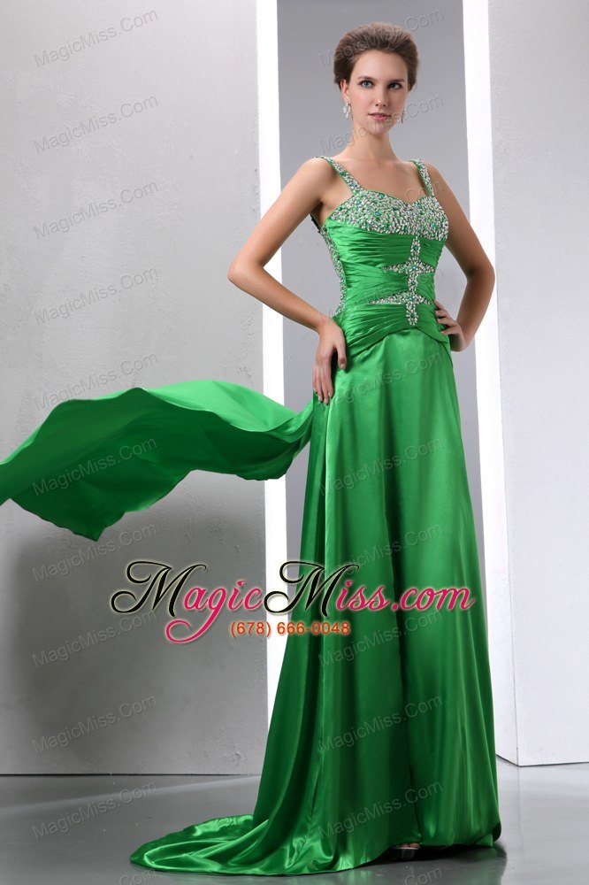 wholesale sexy green beading prom dress column straps court train elastic woven satin
