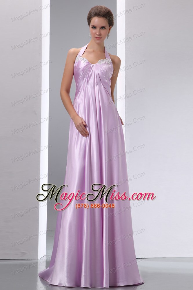 wholesale lavender a-line halter appliques junior prom / evening dress brush train elastic woven satin