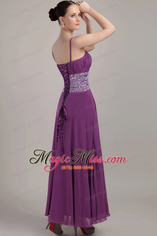 wholesale purple empire strap ankle-length chiffon ruch prom dress