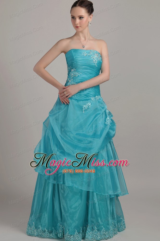 wholesale blue column/sheath strapless floor-length organza appliques and beading prom dress