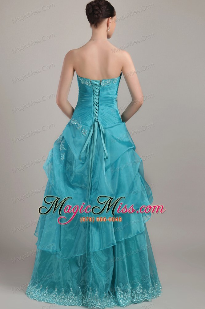 wholesale blue column/sheath strapless floor-length organza appliques and beading prom dress