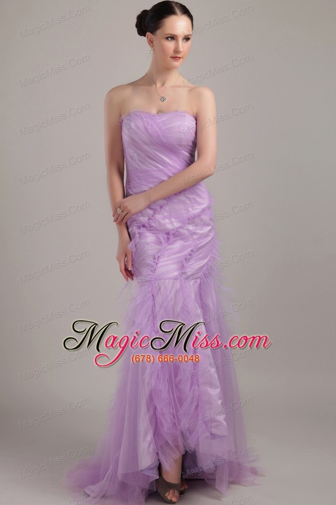 wholesale lavender mermaid strapless brush train tulle ruch prom dress