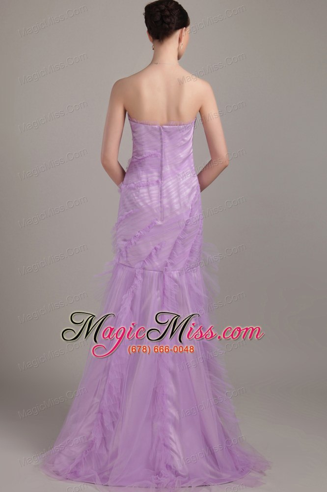 wholesale lavender mermaid strapless brush train tulle ruch prom dress