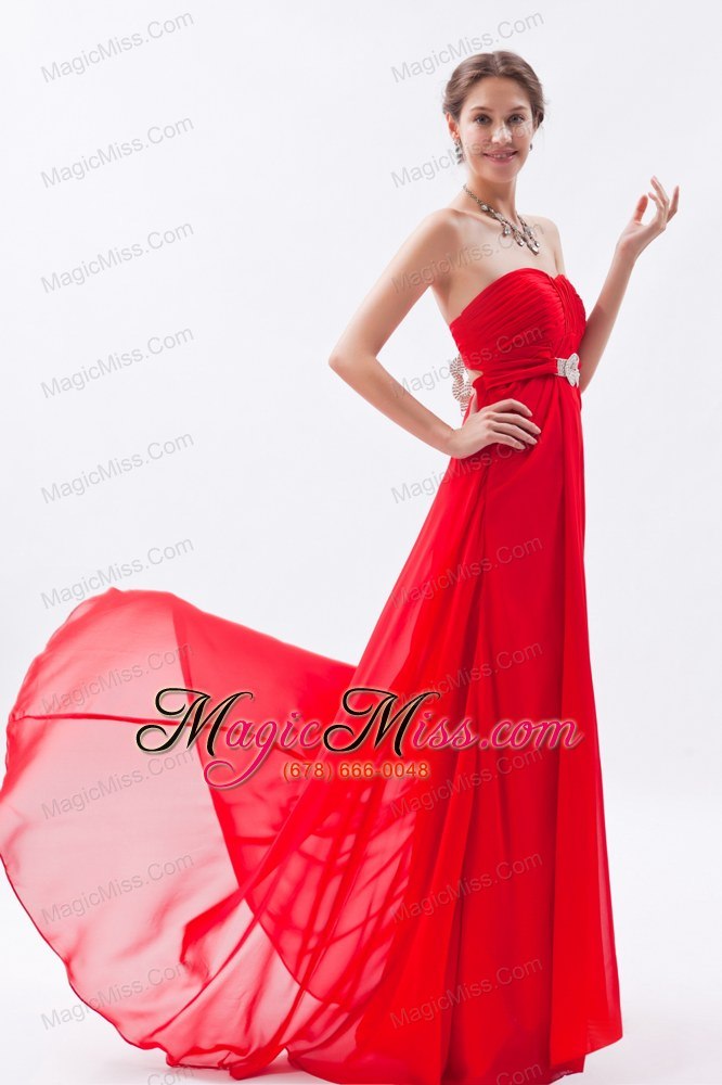 wholesale red empire strapless prom dress chiffon beading brush train