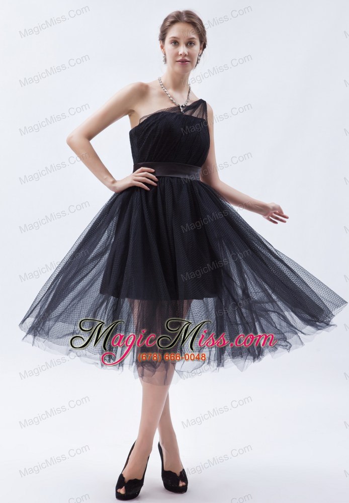 wholesale black a-line / princess one shoulder tea-length tulle bridesmaid dress