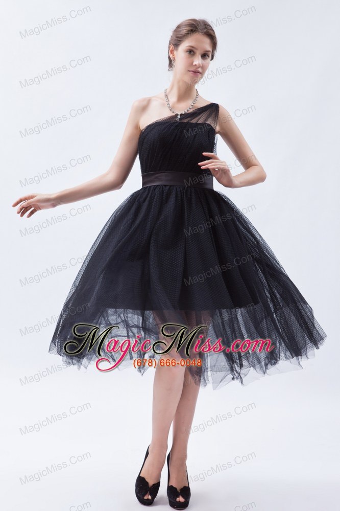 wholesale black a-line / princess one shoulder tea-length tulle bridesmaid dress