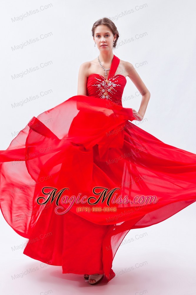 wholesale red empire one shoulder floor-length chiffon beading prom dress