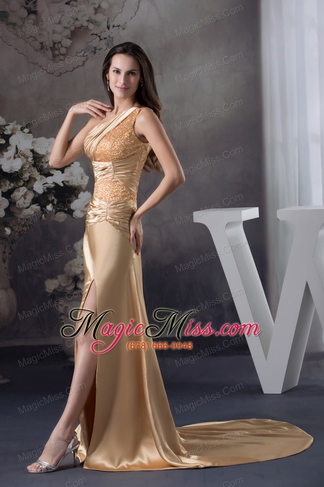 wholesale champagne beading one shoulder court train column prom dress