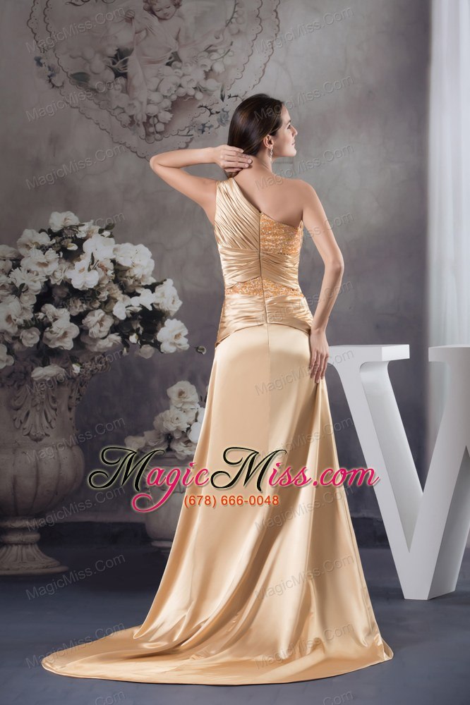 wholesale champagne beading one shoulder court train column prom dress