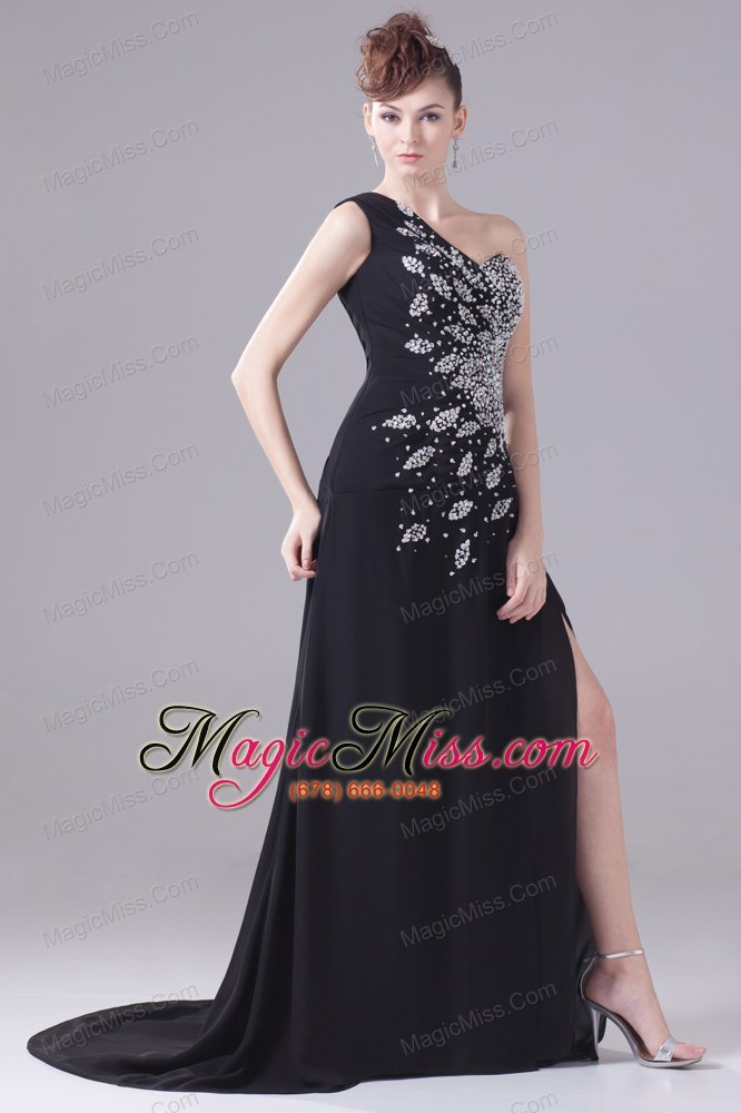 wholesale beading one shoulder high slit black prom dress