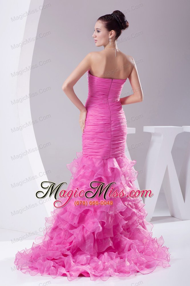 wholesale mermaid hot pink appliques ruching ruffled layers prom dress