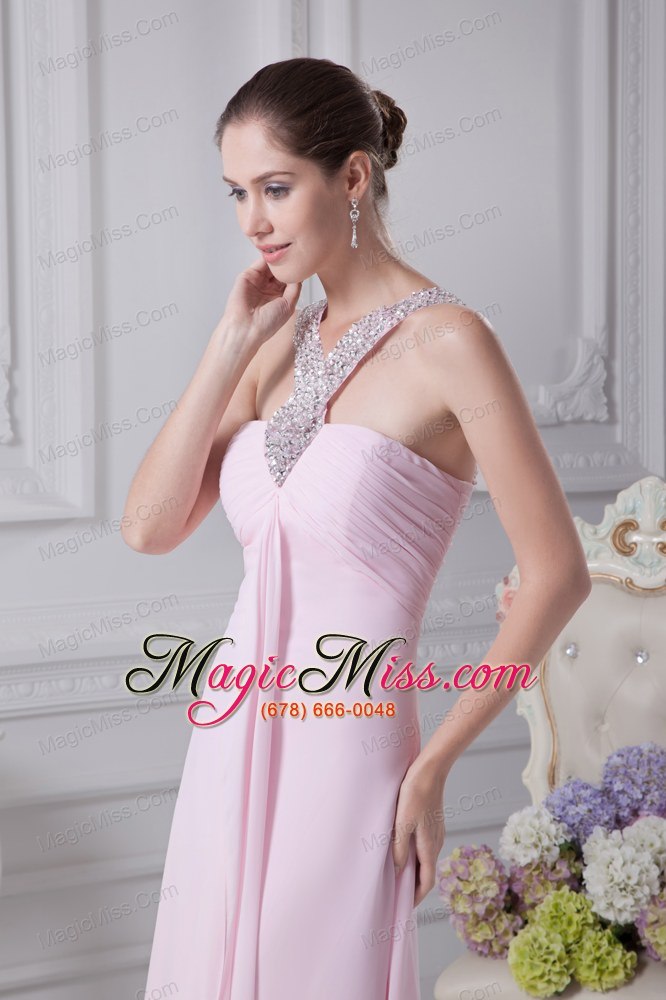 wholesale v-neck baby pink empire beading long prom dress