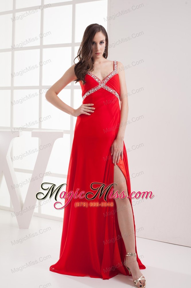 wholesale straps high slit empire beading long red prom dress