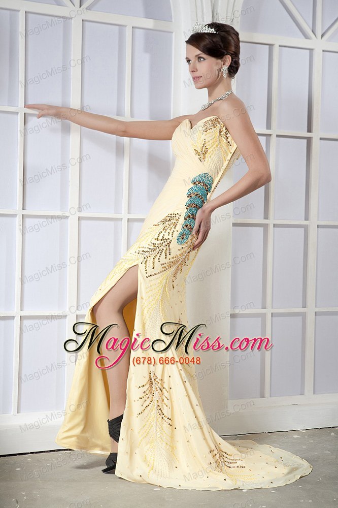 wholesale light yellow column sweetheart brush train chiffon sequins prom dress