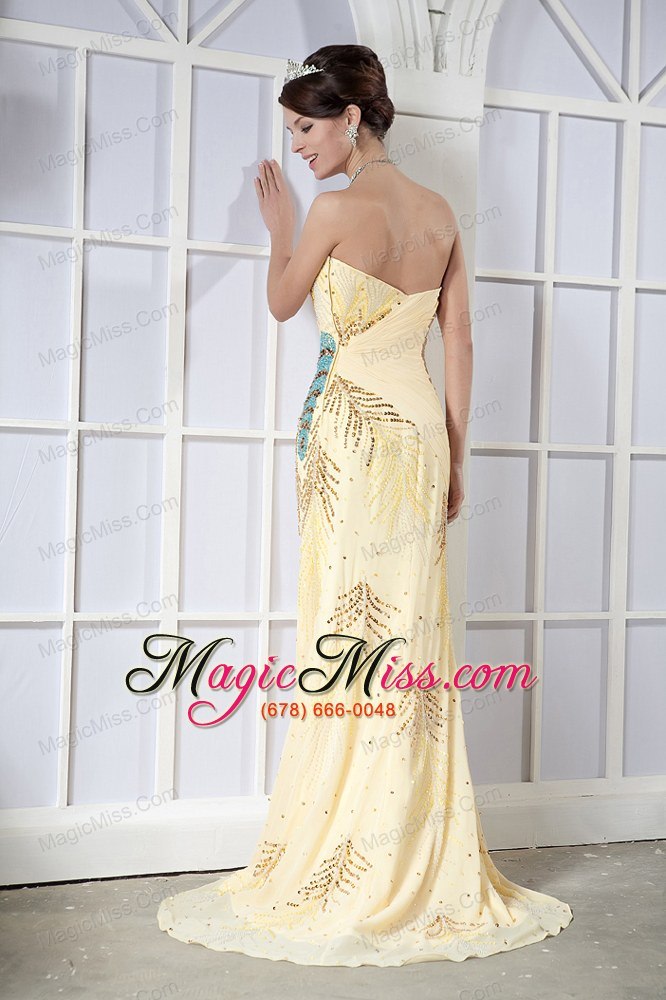 wholesale light yellow column sweetheart brush train chiffon sequins prom dress