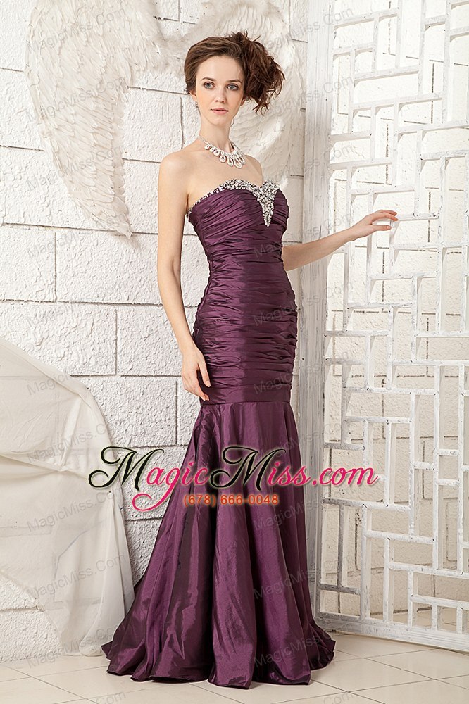 wholesale dark purple sweetheart brush train taffera beading prom dress