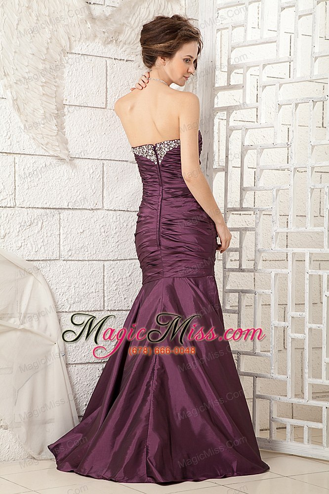 wholesale dark purple sweetheart brush train taffera beading prom dress