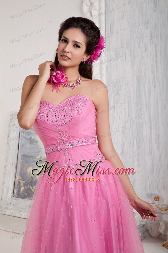 wholesale rose pink empire sweetheart floor-length tulle beading prom dress