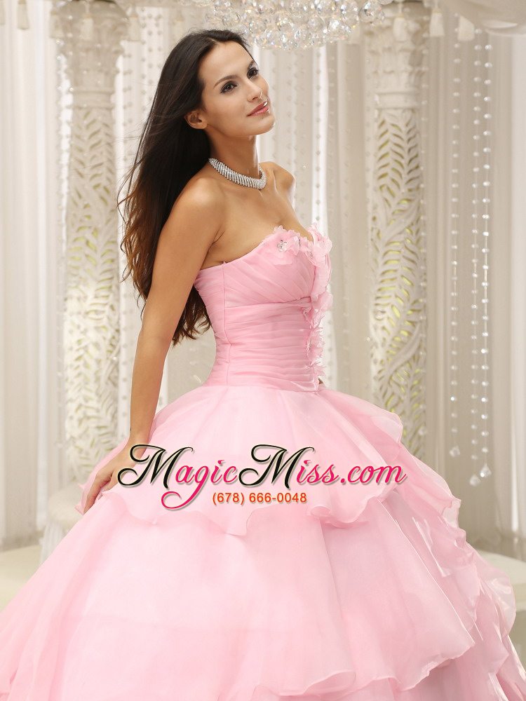 wholesale baby pink ruched bodice hand made flowers decorate waist for quinceanera dress