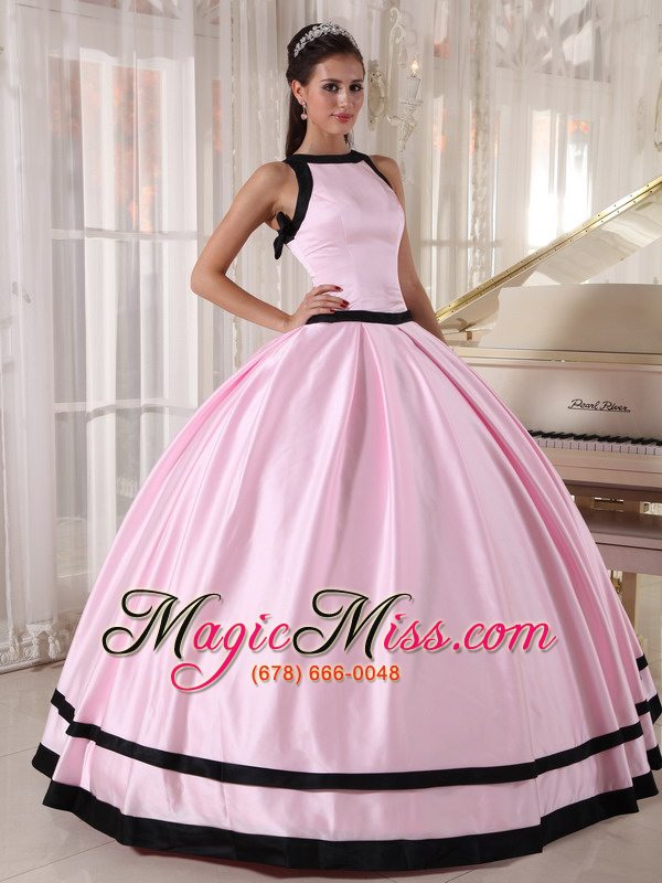 wholesale baby pink and black ball gown bateau floor-length taffeta quinceanera dress