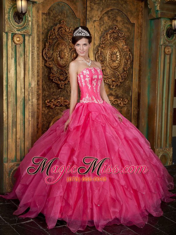 wholesale gorgeous ball gown strapless floor-length appliques organza hot pink quinceanera dress