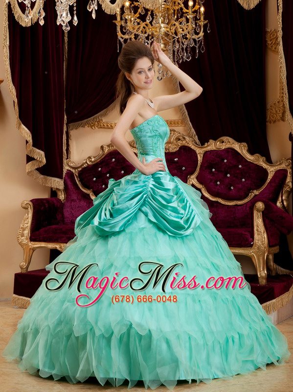 wholesale apple green ball gown strapless floor-length ruffles taffeta and organza quinceanera dress