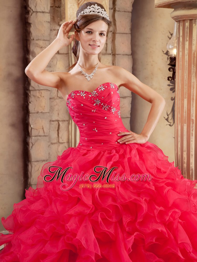 wholesale coral red ball gown sweetheart floor-length ruffles organza quinceanera dress