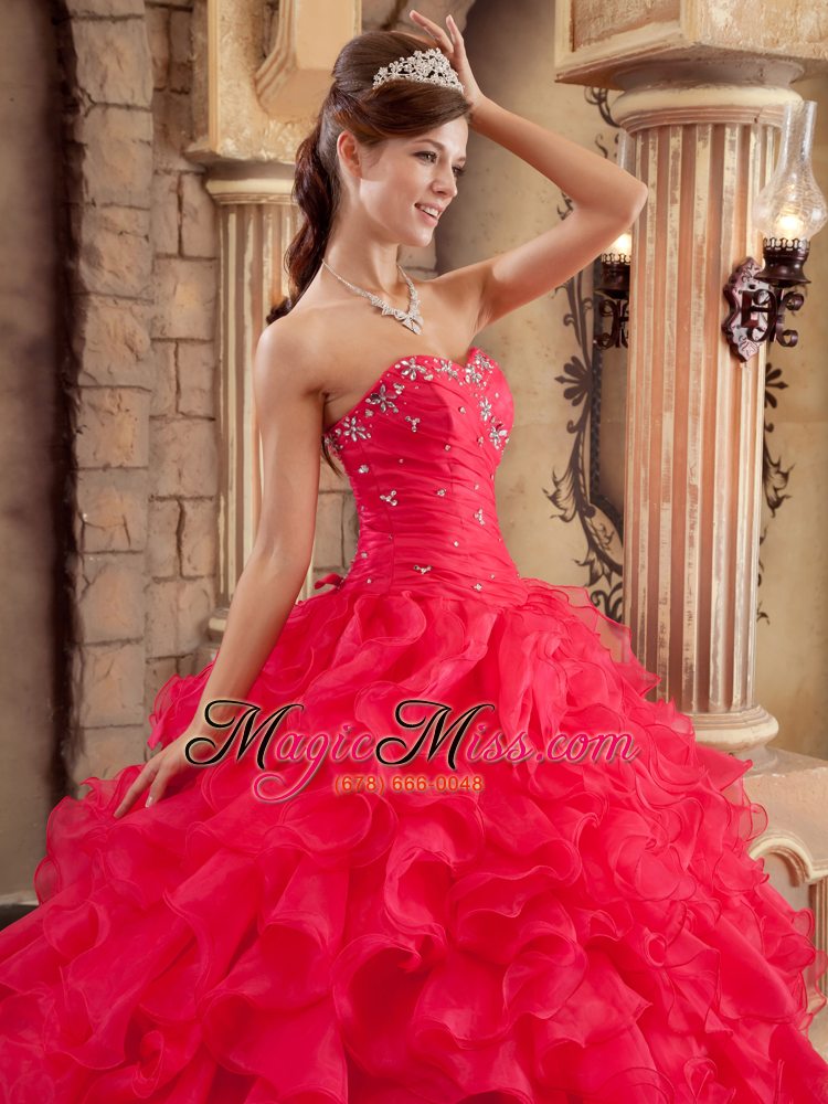 wholesale coral red ball gown sweetheart floor-length ruffles organza quinceanera dress