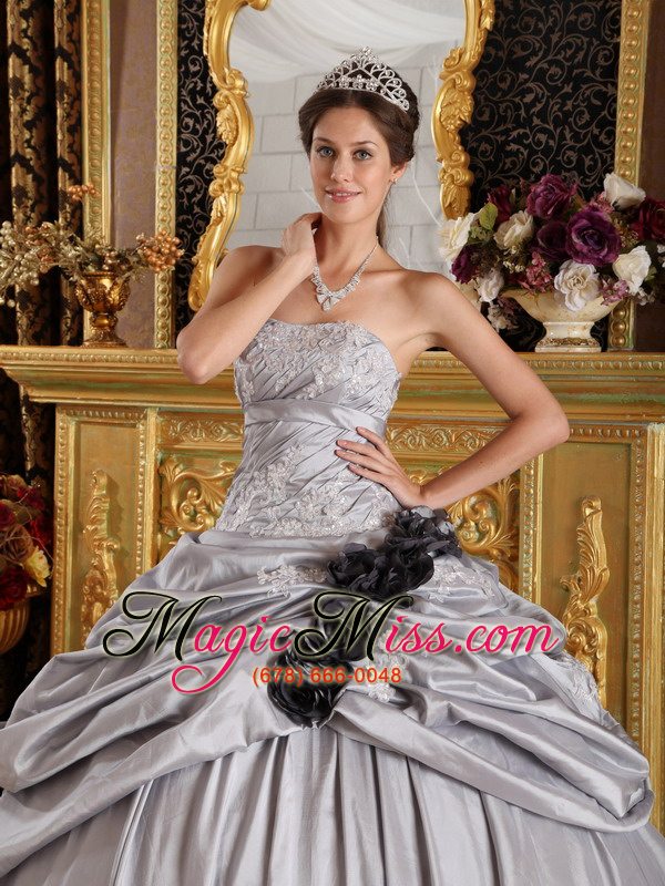 wholesale gray ball gown strapless floor-length taffeta appliques quinceanera dress