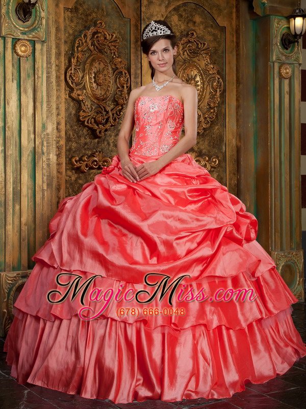 wholesale watermelon ball gown strapless floor-length organza beading quinceanera dress