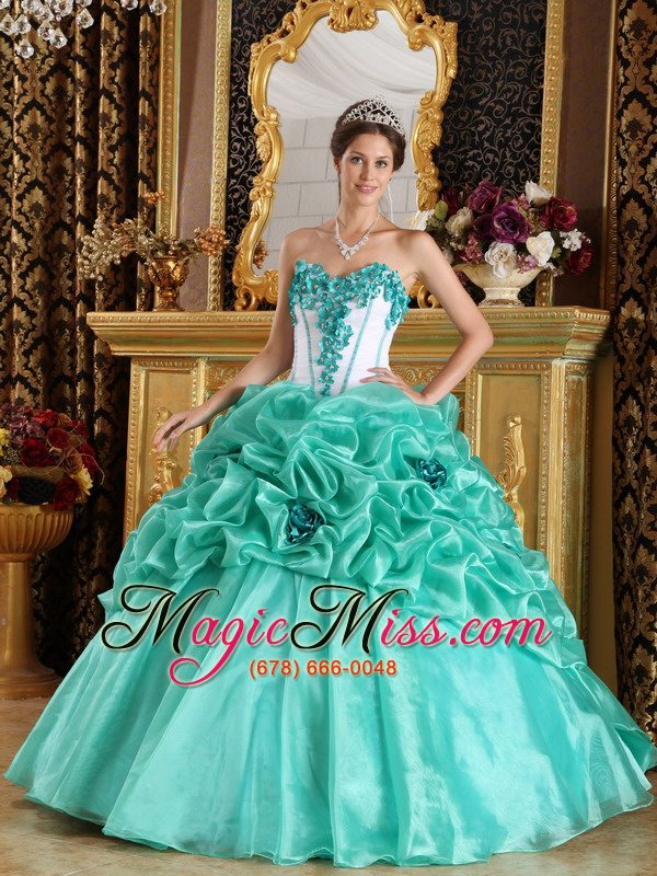 wholesale apple green sweetheart ball gown floor-length organza hand made flowers quinceanera dress