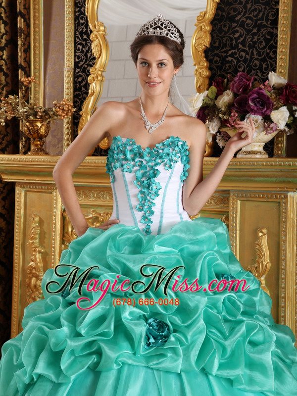 wholesale apple green sweetheart ball gown floor-length organza hand made flowers quinceanera dress