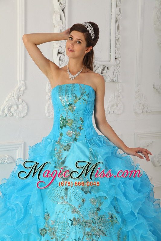 wholesale exquisite ball gown strapless floor-length embroidery aqua blue quinceanera dress