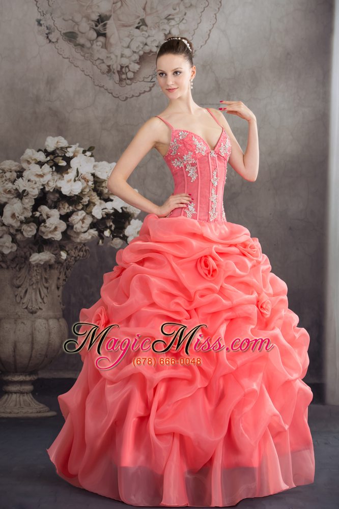 wholesale watermelon spaghetti straps appliques pick-ups long quinceanera dress