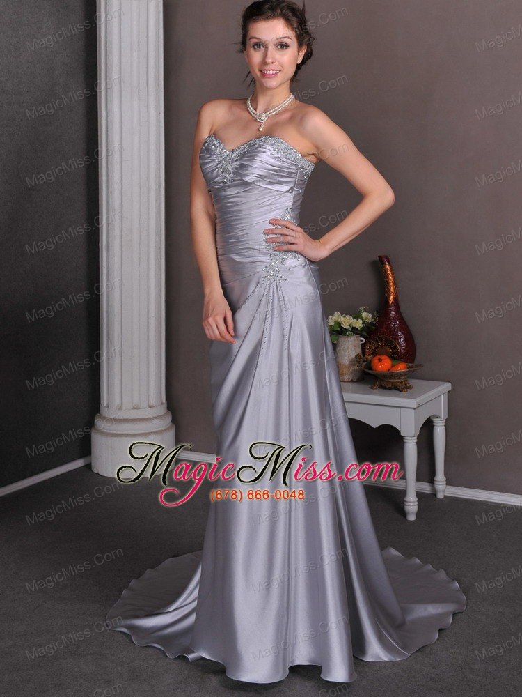 wholesale sliver a-line sweetheart court train elastic wove satin beading and ruch prom dress