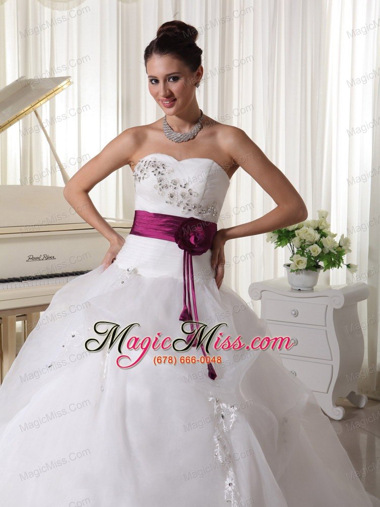 wholesale organza court train beautiful a-line weding dress with hand made flowers belt and beaded bust sweetheart