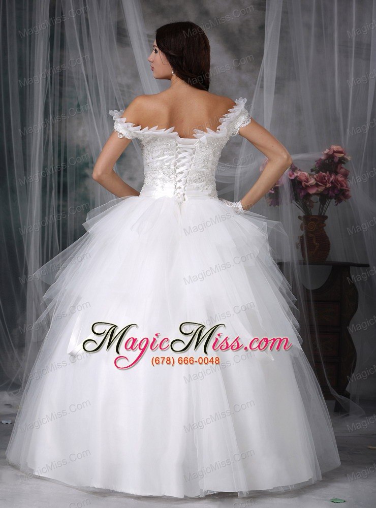 wholesale perfect ball gown off the shoulder floor-length tulle appliques wedding dress