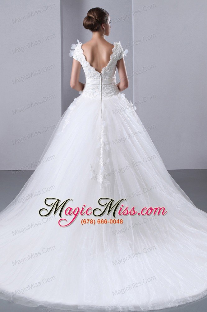 wholesale beautiful a-line scoop cathedral train taffeta and tulle appliques and hand made flowers wedding dress