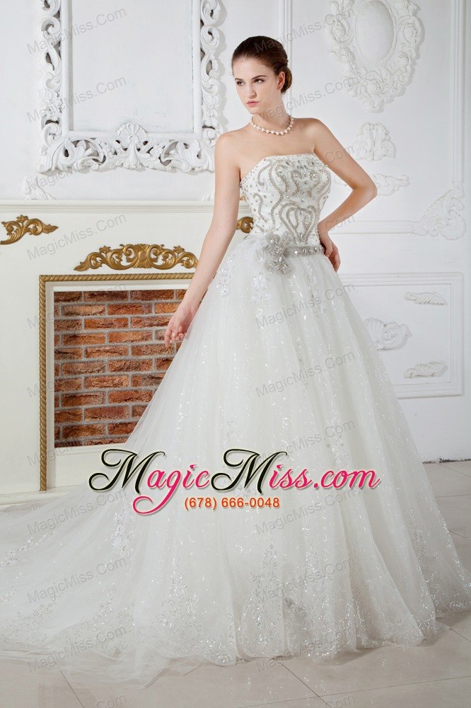 wholesale exqusite a-line strapless court train tulle beading wedding dress
