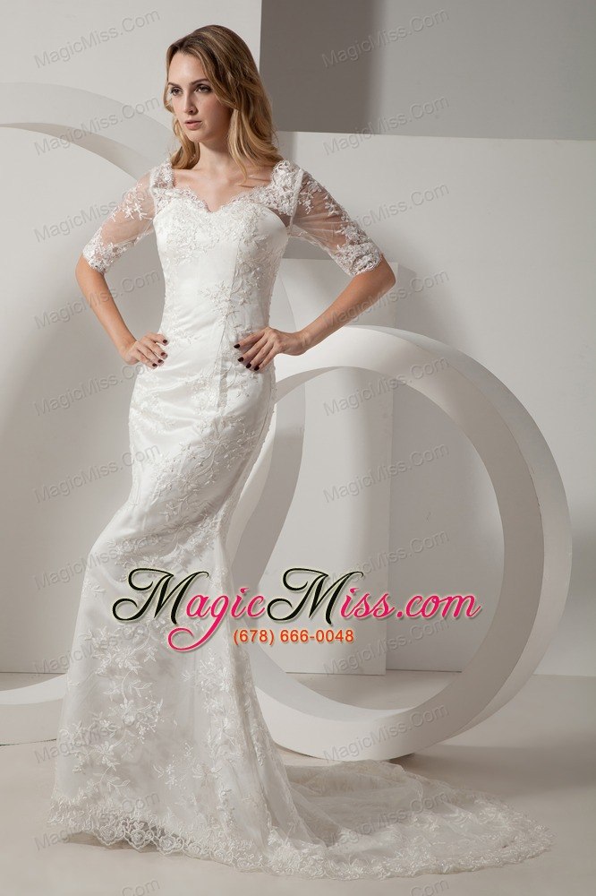 wholesale elegant mermaid v-neck court train taffeta and lace wedding dress
