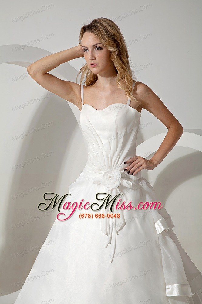 wholesale simple a-line straps brush train organza hand made flowers wedding dress