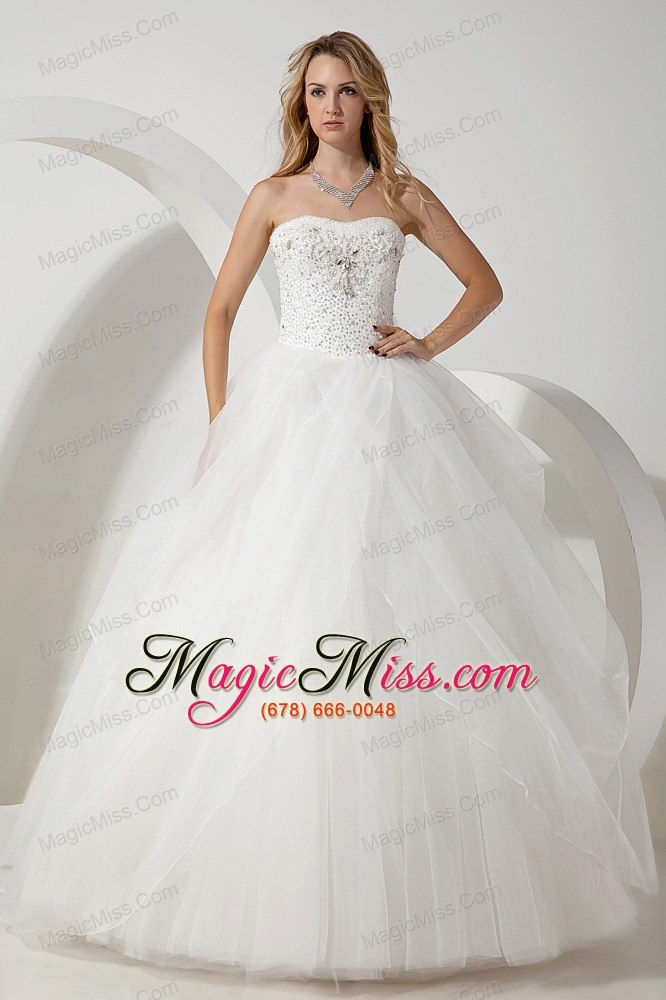 wholesale white ball gown strapless floor-length tulle beading prom / evening dress