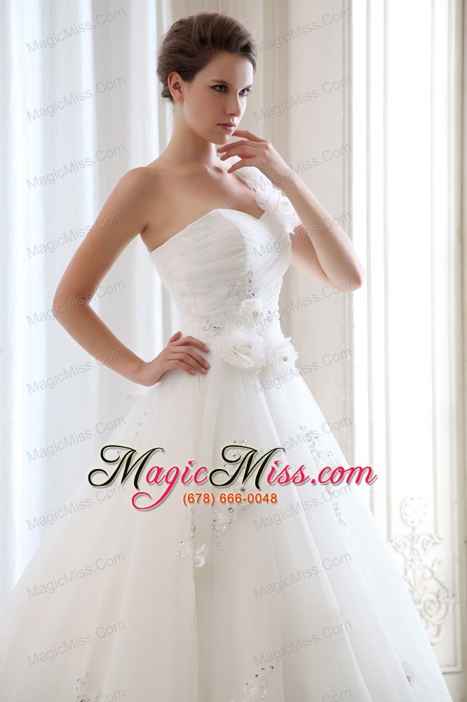 wholesale romantic a-line one shoulder floor-length tulle beading and hand made flowers wedding dress